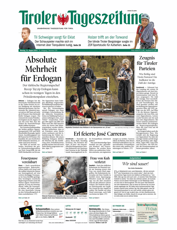 Titelseite der Tiroler Tageszeitung vom 11. August 2014.