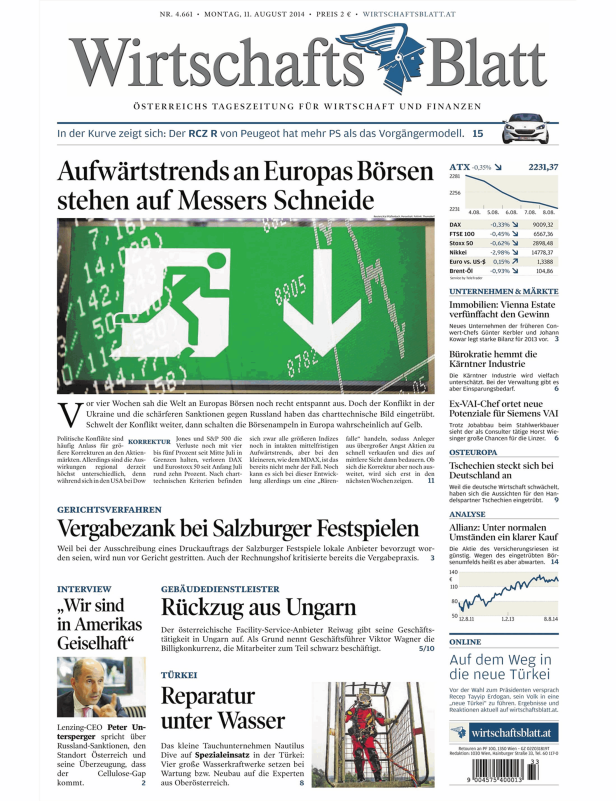 Titelseite des Wirtschaftsblatt vom 11. August 2014 mit Artikeln zu Wirtschaft und Finanzen.