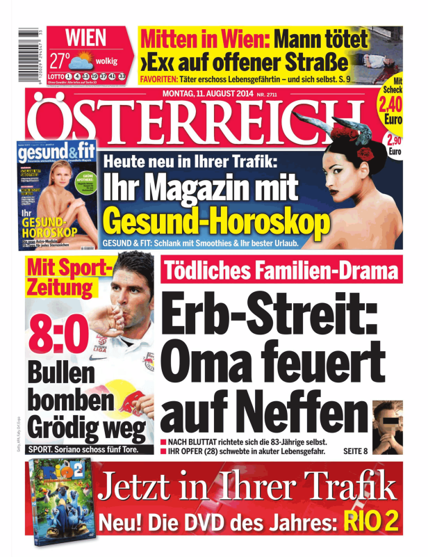 Titelseite der österreichischen Zeitung vom 11. August 2014 mit Schlagzeilen zu verschiedenen Themen.