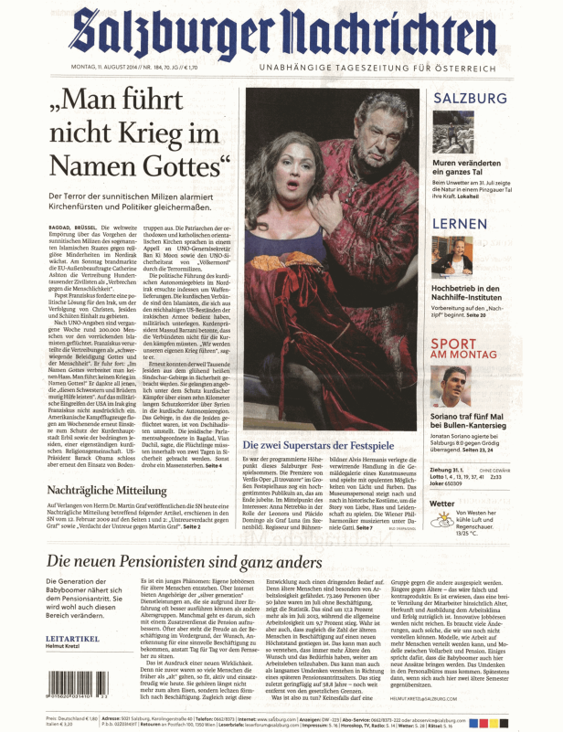 Titelseite der Salzburger Nachrichten vom 11. August 2014.