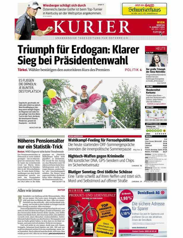 Titelseite der österreichischen Tageszeitung Kurier vom 11. August 2014.