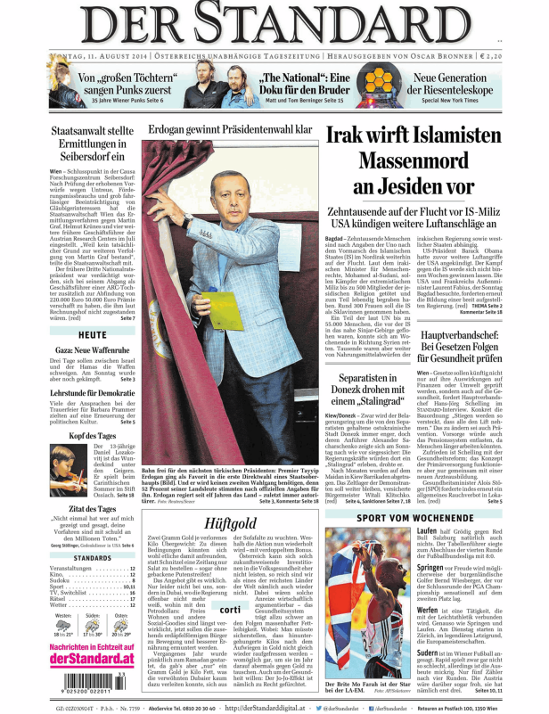 Titelseite der Zeitung „Der Standard“ vom 11. August 2014.