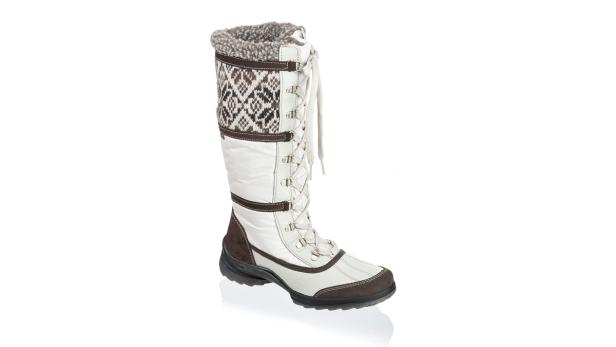 Ein hoher, weißer Winterstiefel mit braunen Akzenten und Schnürung.