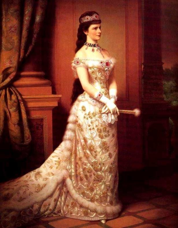 Ein Porträt von Kaiserin Elisabeth von Österreich in einem reich verzierten Kleid.
