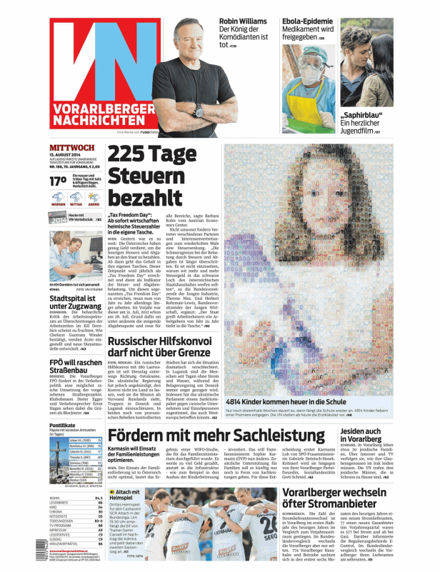 Titelseite der Vorarlberger Nachrichten vom 13. August 2014 mit Nachrichten zu verschiedenen Themen.
