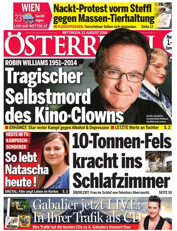 Titelseite der „Österreich“-Zeitung vom 13. August 2014 mit dem Titel „Tragischer Selbstmord des Kino-Clowns Robin Williams“.