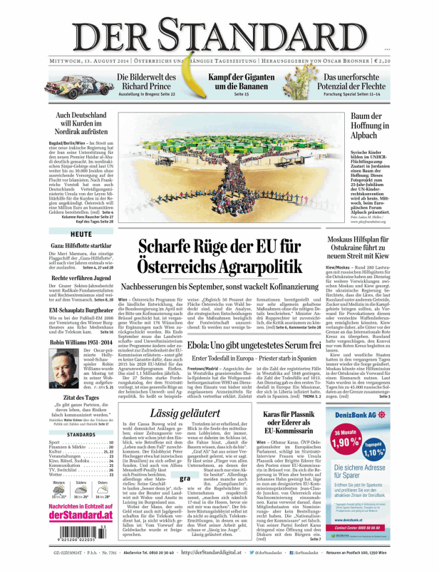 Titelseite der Zeitung „Der Standard“ vom 13. August 2014.