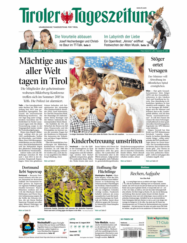 Die Titelseite der Tiroler Tageszeitung vom 14. August 2014.