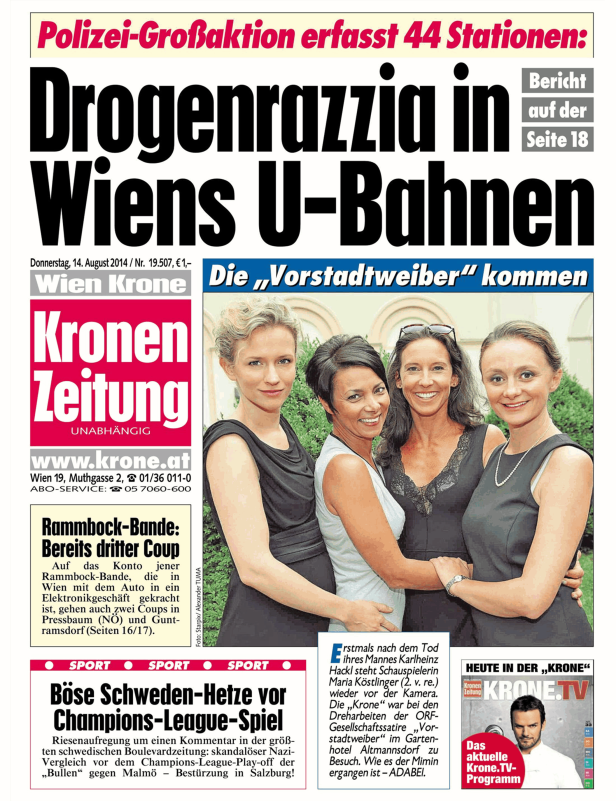 Die Schauspielerinnen der ORF-Gesellschaftssatire „Vorstadtweiber“ posieren für ein Foto.