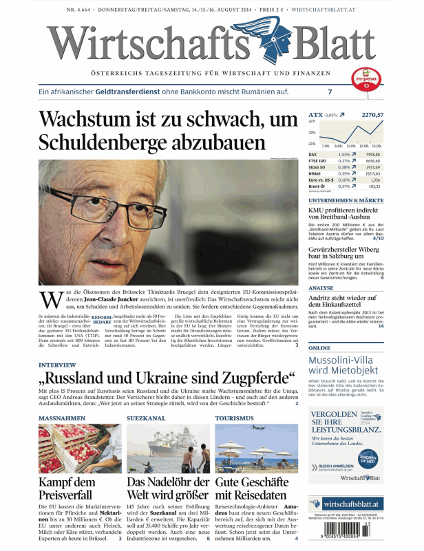 Titelseite des „Wirtschaftsblatt“ vom 14./15./16. August 2014.
