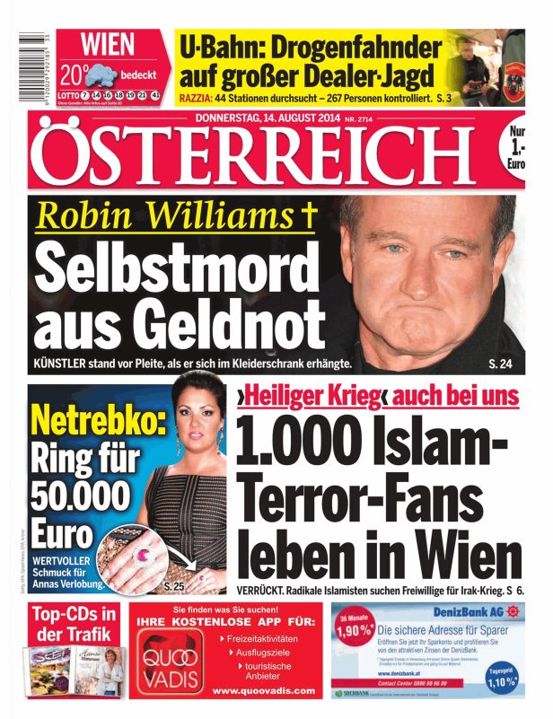 Titelseite der Zeitung „Österreich“ vom 14. August 2014 mit Schlagzeilen zu Robin Williams und islamischen Terroristen in Wien.
