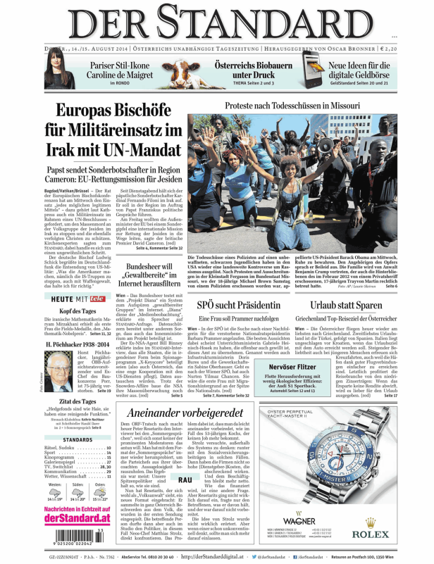 Titelseite der Zeitung Der Standard vom 14./15. August 2014.