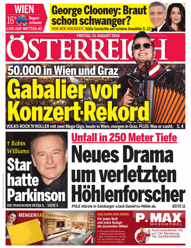 Titelseite der Zeitung „Österreich“ vom 15. August 2014 mit Schlagzeilen zu Gabalier, Robin Williams und George Clooney.