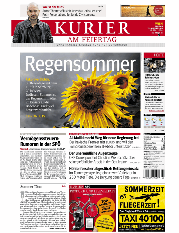 Titelseite des Kurier vom 15. August 2014 mit dem Titelthema „Regensommer“.