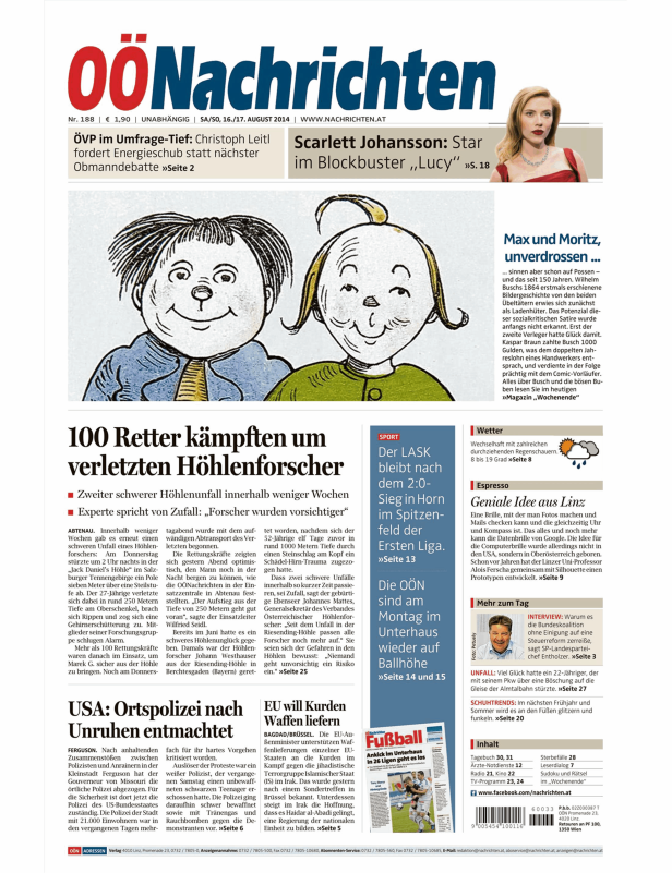 Titelseite der OÖNachrichten vom 16./17. August 2014 mit Meldungen zu Höhlenunfällen, Scarlett Johansson und Fußball.