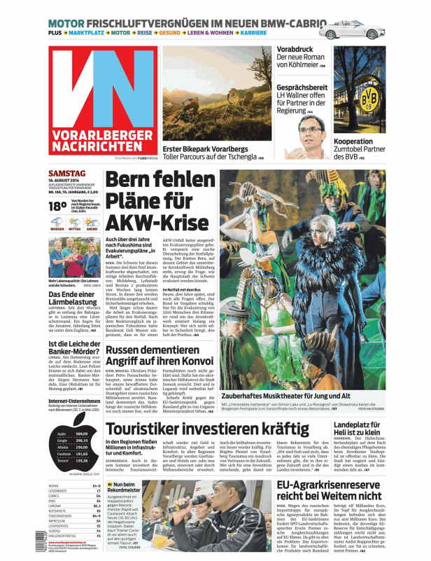 Titelseite der Vorarlberger Nachrichten vom 16. August 2014.