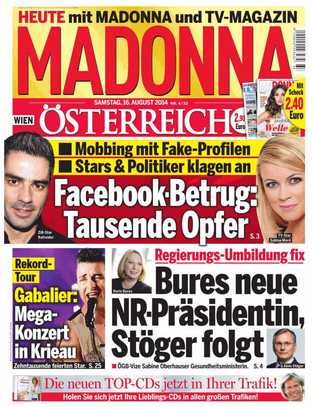 Titelseite der Zeitung „Madonna“ vom 16. August 2014 mit Schlagzeilen zu Facebook-Betrug und Regierungsumbildung.