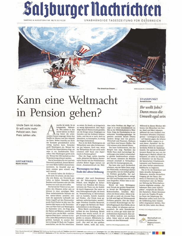 Karikatur in den Salzburger Nachrichten zeigt Uncle Sam auf dem Weg in den Ruhestand.