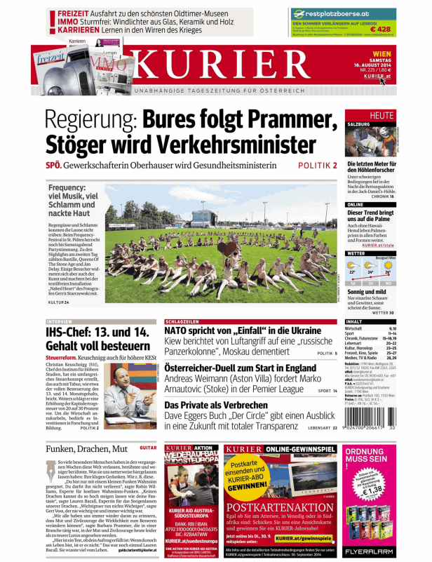 Titelseite des Kurier vom 16. August 2014 mit Nachrichten über Politik, Kultur und Sport.