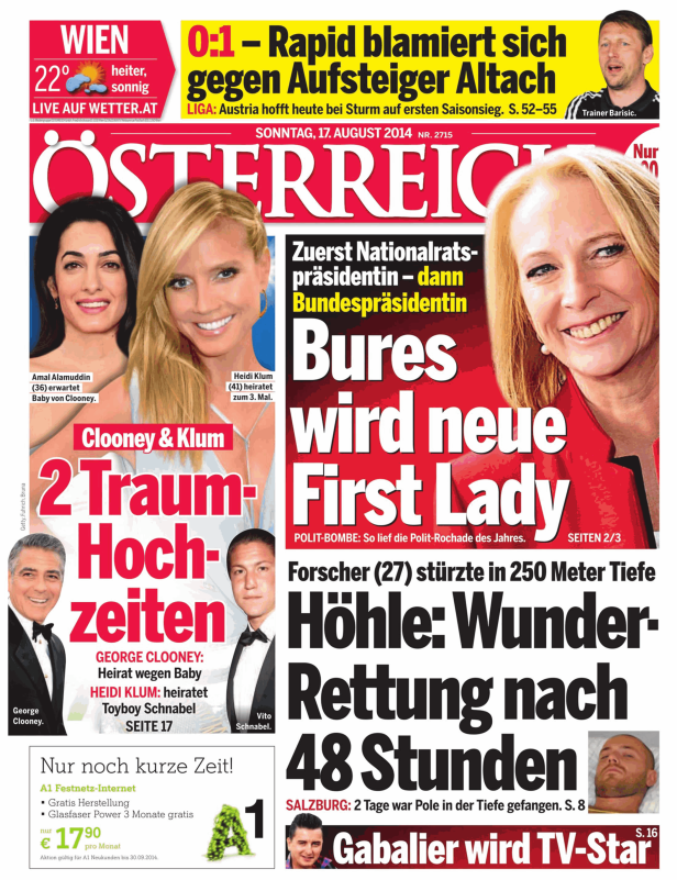 Titelseite der Zeitung „Österreich“ vom 17. August 2014 mit Schlagzeilen über Clooney, Klum und Bures.