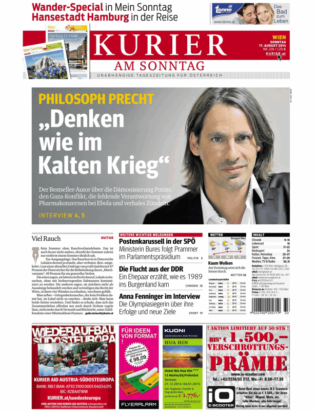 Titelseite des Kurier am Sonntag vom 17. August 2014 mit einem Interview mit Philosoph Precht.