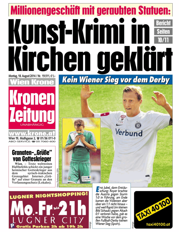 Titelseite der Kronen Zeitung vom 18. August 2014 mit Artikeln über einen Kunstkrimi und Fußball.