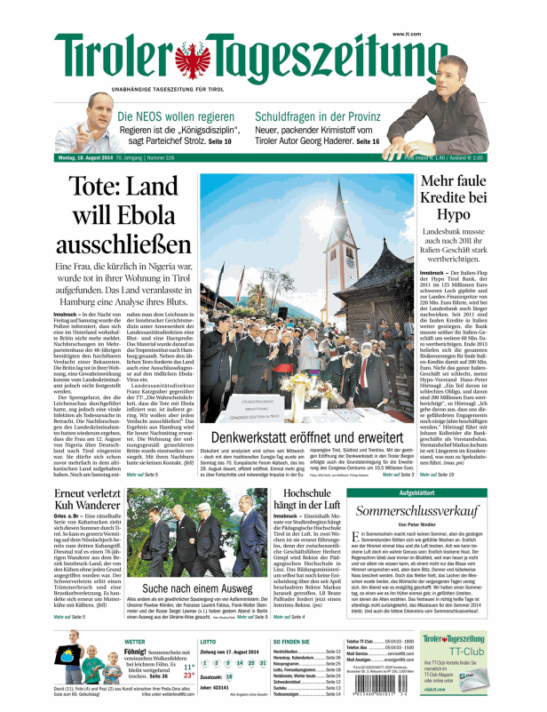 Titelseite der Tiroler Tageszeitung vom 18. August 2014.