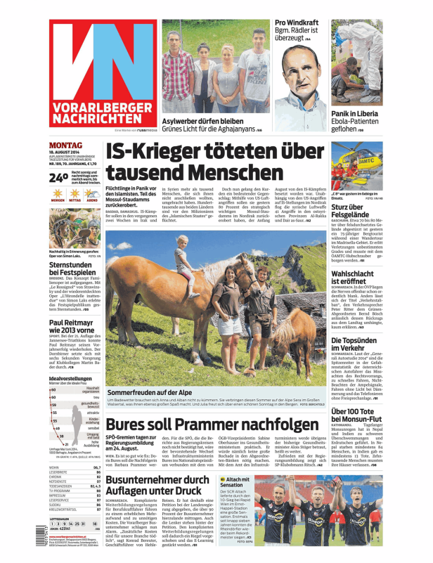 Titelseite der Vorarlberger Nachrichten vom 18. August 2014 mit verschiedenen Nachrichtenmeldungen.