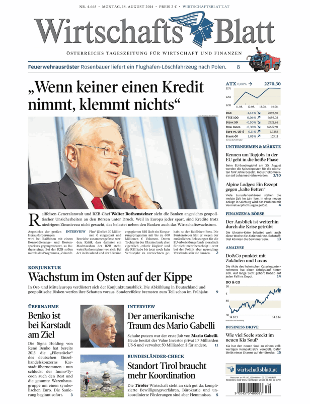 Titelseite des Wirtschaftsblatt vom 18. August 2014.