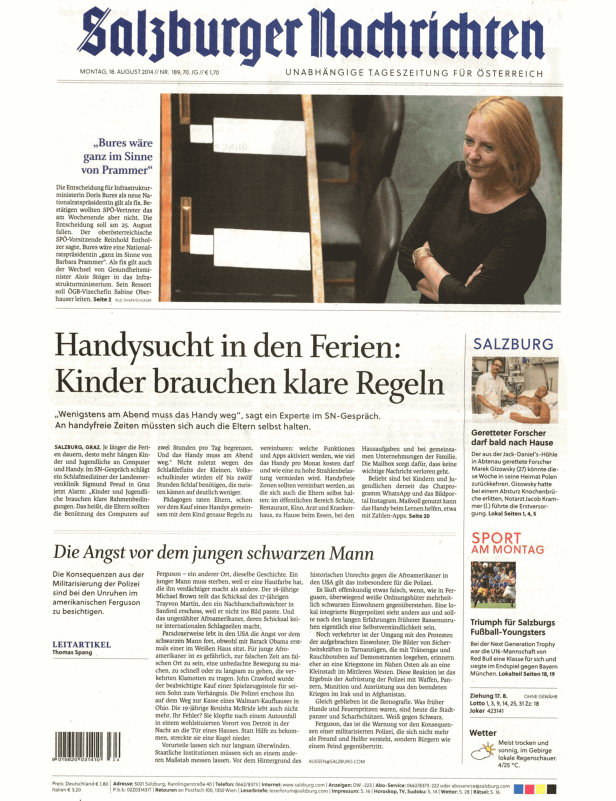Titelseite der Salzburger Nachrichten vom 18. August 2014.