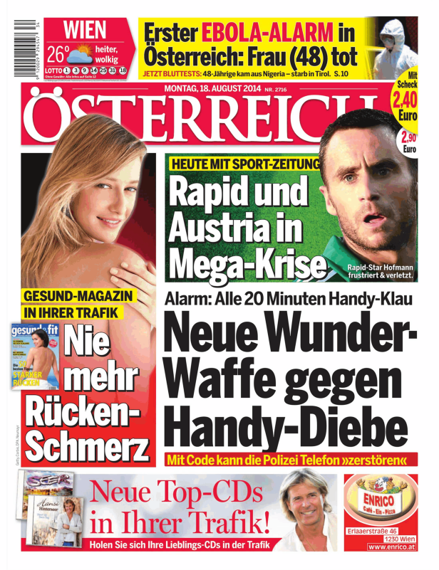 Titelseite der österreichischen Zeitung vom 18. August 2014 mit Schlagzeilen zu Ebola, Fußball und Handy-Diebstahl.