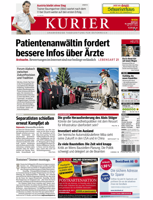 Titelseite des Kurier vom 18. August 2014.