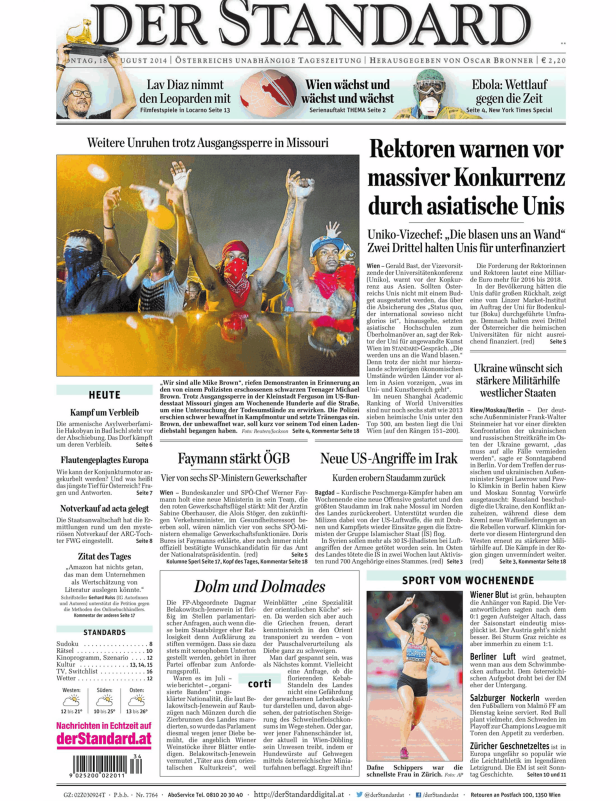Titelseite der Zeitung „Der Standard“ vom 18. August 2014.