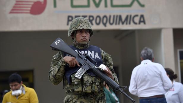 Ein Soldat mit Gewehr steht vor einem Gebäude von Pemex Petroquímica.