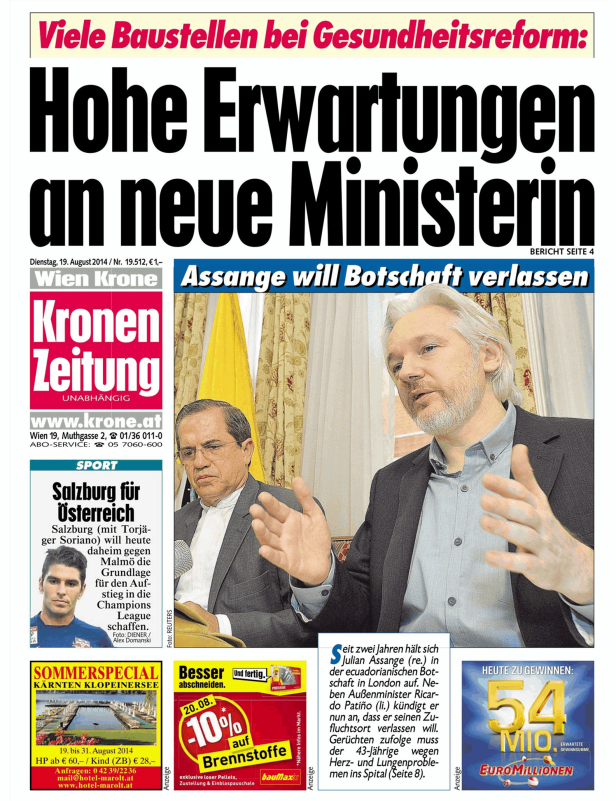 Titelseite der „Kronen Zeitung“ vom 19. August 2014 mit Artikeln über Politik und Sport.
