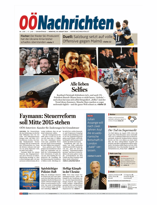 Titelseite der OÖNachrichten vom 19. August 2014 mit Artikeln über Selfies, Steuerreform und Kämpfe in der Ukraine.