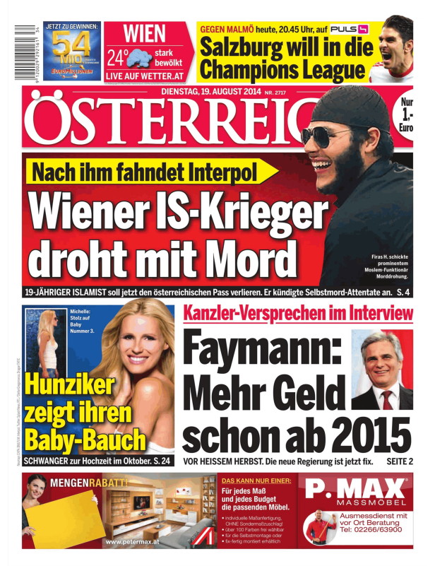 Titelseite der österreichischen Zeitung vom 19. August 2014 mit Schlagzeilen zu Politik und Kriminalität.