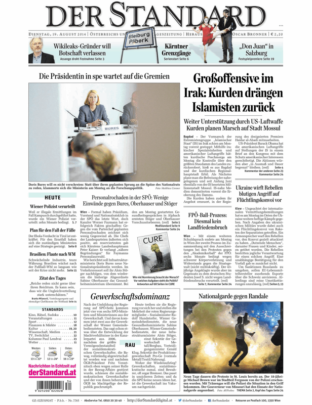 Titelseite der Zeitung Der Standard vom 19. August 2014.