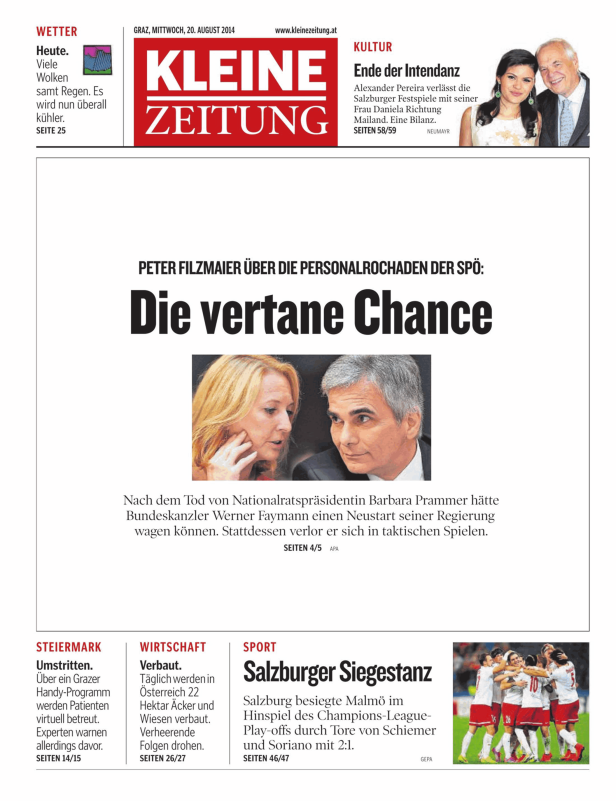 Titelseite der Kleinen Zeitung vom 20. August 2014 mit Werner Faymann und Barbara Prammer.
