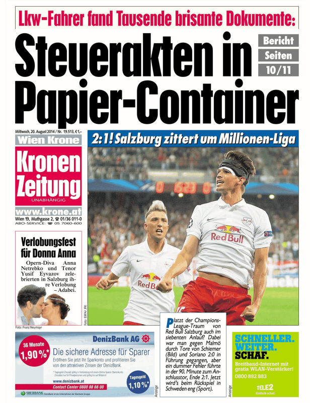 Ein Zeitungsartikel der „Kronen Zeitung“ mit einem Foto von zwei Fußballspielern von Red Bull Salzburg.