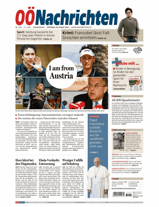 Titelseite der OÖNachrichten vom 20. August 2014.