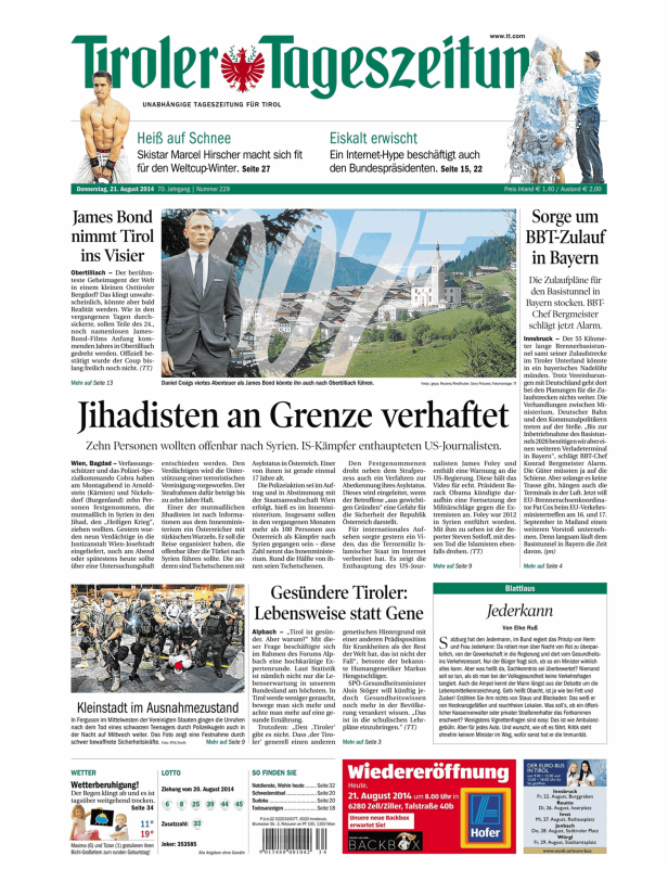 Titelseite der Tiroler Tageszeitung vom 21. August 2014.