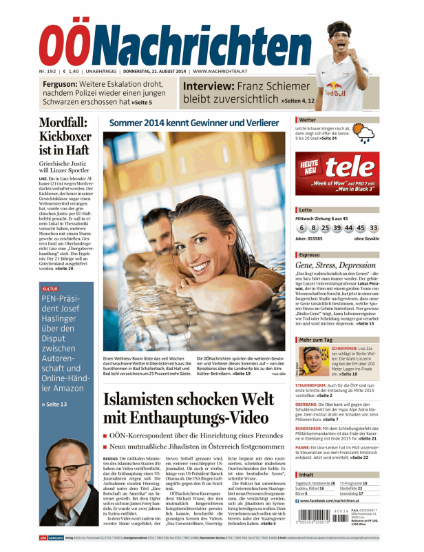 Titelseite der OÖNachrichten vom 21. August 2014.