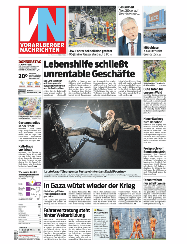 Titelseite der Vorarlberger Nachrichten vom 21. August 2014.