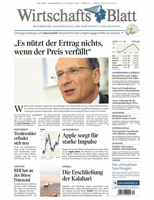 Titelseite des Wirtschaftsblatt vom 21. August 2014.