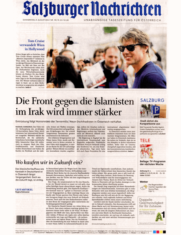 Titelseite der „Salzburger Nachrichten“ vom 21. August 2014 mit einem Artikel über Tom Cruise in Wien.