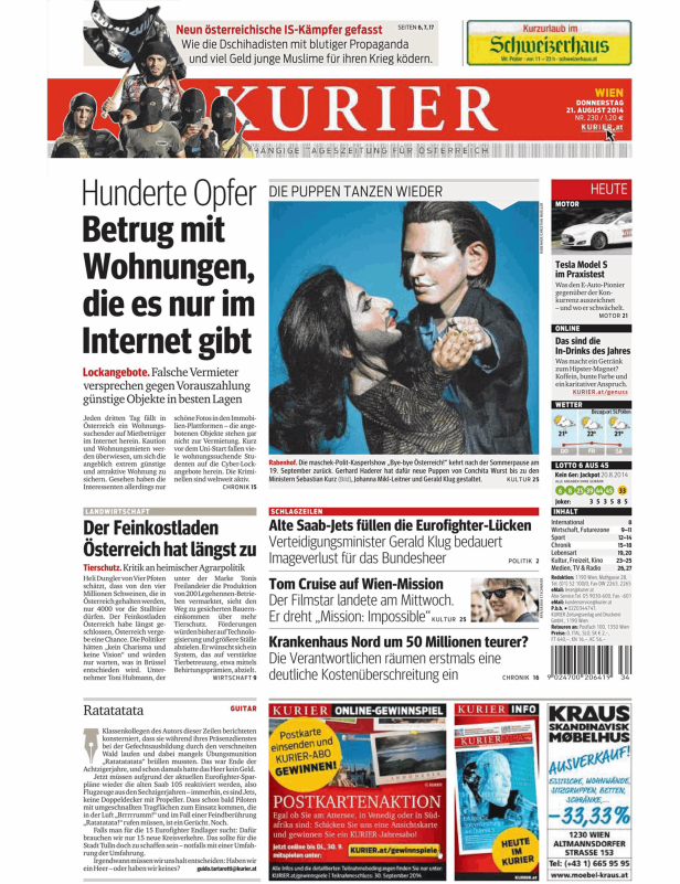 Titelseite der österreichischen Tageszeitung Kurier vom 21. August 2014.