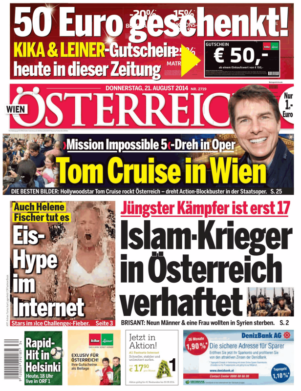 Titelseite der österreichischen Zeitung „Österreich“ vom 21. August 2014 mit Tom Cruise und Helene Fischer.
