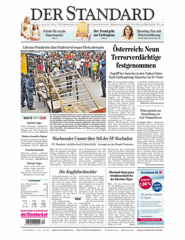Ein Zeitungsartikel des „Der Standard“ vom 21. August 2014.