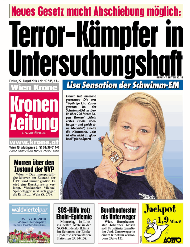 Titelseite der „Kronen Zeitung“ vom 22. August 2014 mit einem Artikel über Lisa Zaisers Erfolg bei der Schwimm-EM.